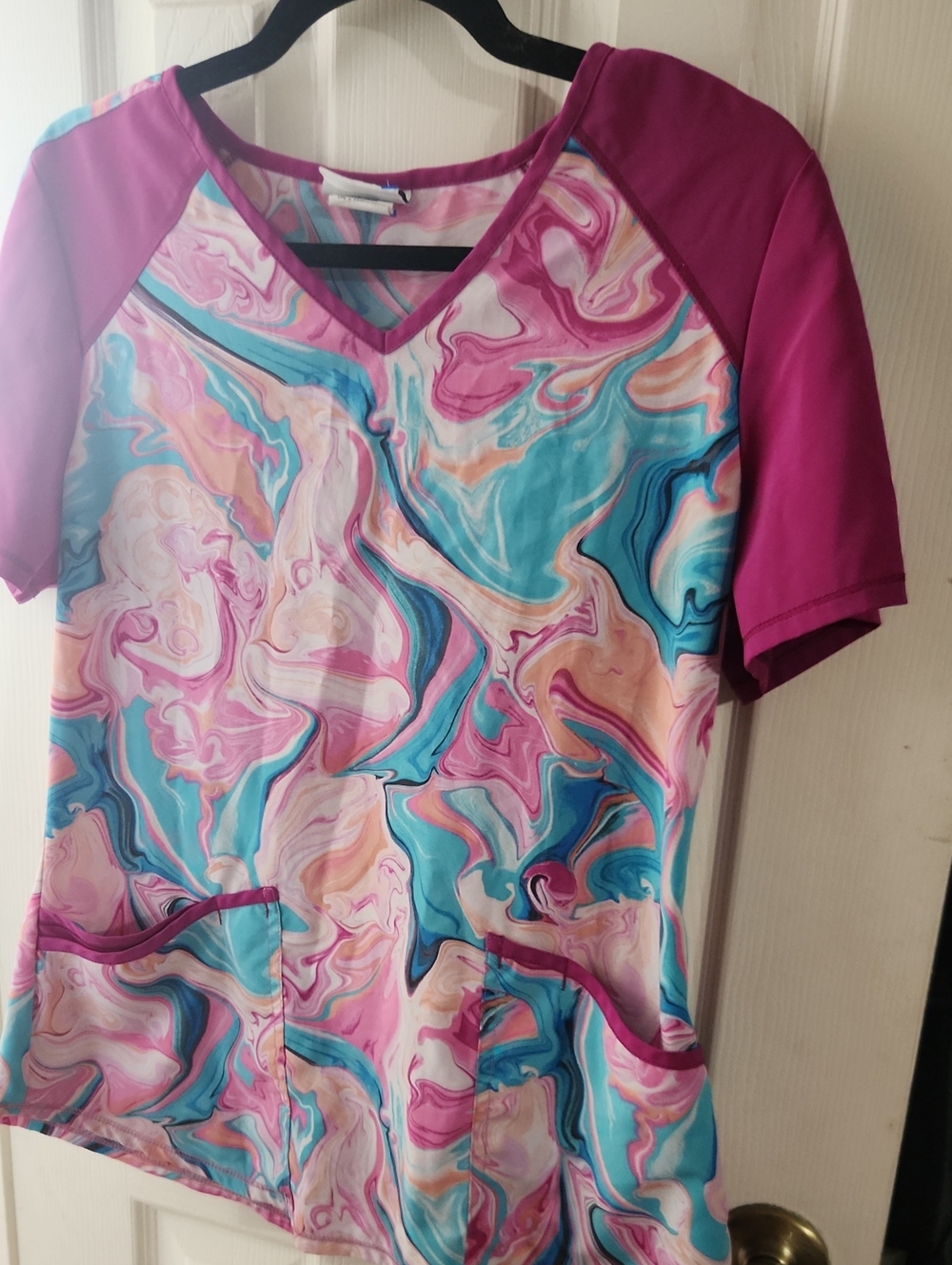 Scrubstar Marble-Print V-Neck Scrub Top in Teal & Magenta